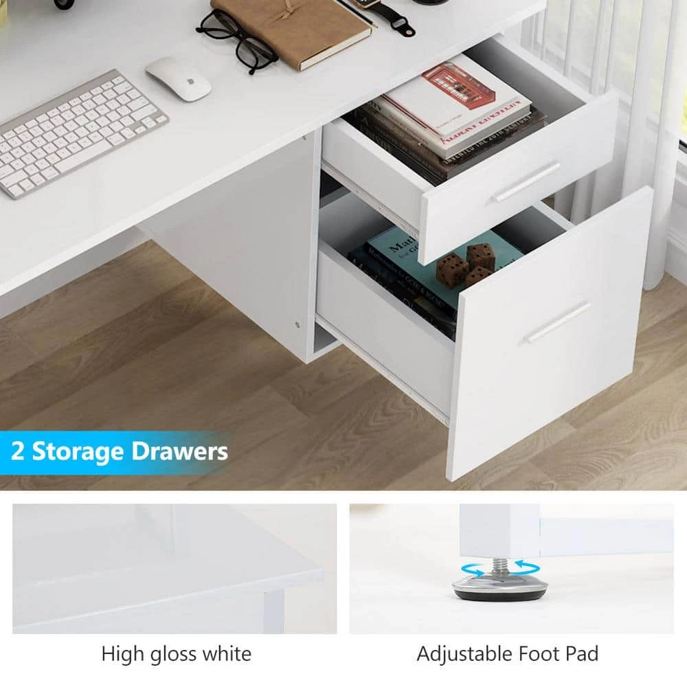 Kelly 47 in. Rectangular White Metal White Particle Board Wood 2 Drawer Computer Desk with Monitor Stand by TRIBESIGNS WAY TO ORIGIN 4 Kelly 47 in. Rectangular White Metal White Particle Board Wood 2 Drawer Computer Desk with Monitor Stand by TRIBESIGNS WAY TO ORIGIN - Image 2