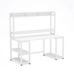 Wanz 55 in. Rectangular White Metal White Particle Board Wood Computer Desk with Hutch Storage Shelves Monitor Stand by TRIBESIGNS WAY TO ORIGIN