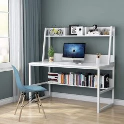 Sally 55 in. Rectangular White Metal and Particle Wood Board Top Computer Desk with Monitor Stand and Hutch Bookshelf by TRIBESIGNS WAY TO ORIGIN -Deals Glitzhome Store white tribesigns way to origin computer desks hd c0439 31 1000