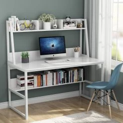 Sally 55 in. Rectangular White Metal and Particle Wood Board Top Computer Desk with Monitor Stand and Hutch Bookshelf by TRIBESIGNS WAY TO ORIGIN -Deals Glitzhome Store white tribesigns way to origin computer desks hd c0439 c3 1000