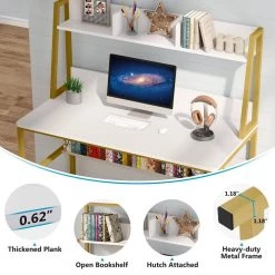 Halseey 47 in. W White Gold Computer Desk with Hutch Writing Studying Reading Storage Bookshelf by TRIBESIGNS WAY TO ORIGIN 27 Halseey 47 in. W White Gold Computer Desk with Hutch Writing Studying Reading Storage Bookshelf by TRIBESIGNS WAY TO ORIGIN -Deals Glitzhome Store white tribesigns way to origin computer desks hd c0587 wzz 44 1000