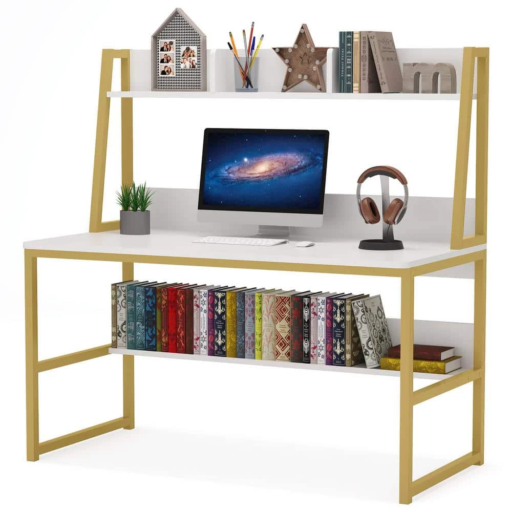 Halseey 47 in. W White Gold Computer Desk with Hutch Writing Studying Reading Storage Bookshelf by TRIBESIGNS WAY TO ORIGIN 6 Halseey 47 in. W White Gold Computer Desk with Hutch Writing Studying Reading Storage Bookshelf by TRIBESIGNS WAY TO ORIGIN - Image 4