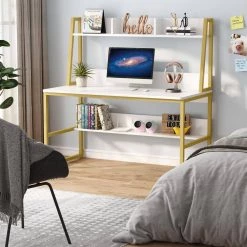 Halseey 47 in. W White Gold Computer Desk with Hutch Writing Studying Reading Storage Bookshelf by TRIBESIGNS WAY TO ORIGIN 24 Halseey 47 in. W White Gold Computer Desk with Hutch Writing Studying Reading Storage Bookshelf by TRIBESIGNS WAY TO ORIGIN -Deals Glitzhome Store white tribesigns way to origin computer desks hd c0587 wzz c3 1000