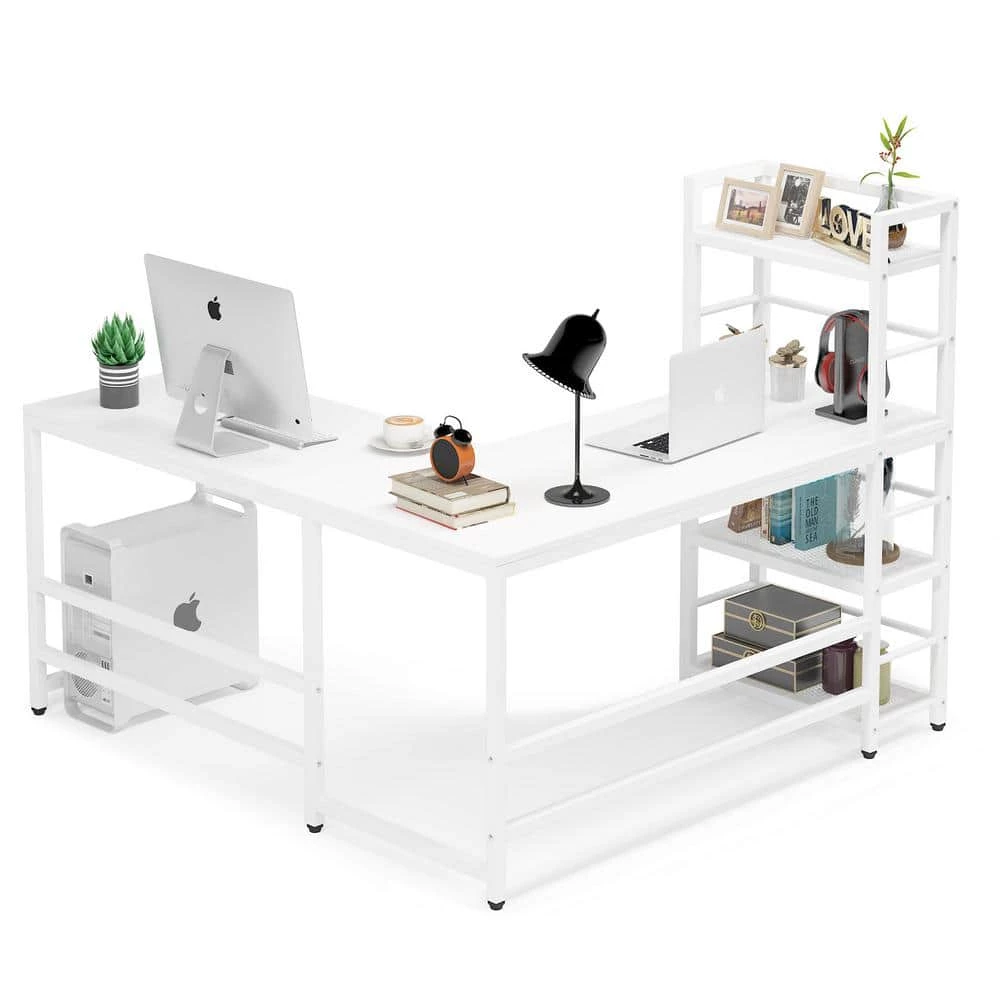 Kris 59 in. L-Shape White Metal White Particle Board Wood Top Corner Computer Desk with 4 Tier Storage Shelf by TRIBESIGNS WAY TO ORIGIN 3 Kris 59 in. L-Shape White Metal White Particle Board Wood Top Corner Computer Desk with 4 Tier Storage Shelf by TRIBESIGNS WAY TO ORIGIN