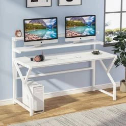 Gloria 55 in. Rectangular White Metal and Particle Wood Board Top Computer Desk with Monitor Stand and Hutch by TRIBESIGNS WAY TO ORIGIN