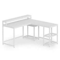 Malone 59 in. L-Shape White Metal White Particle Board Wood Top Computer Desk with Monitor Stand and Reversible Shelves by TRIBESIGNS WAY TO ORIGIN