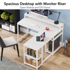Malone 59 in. L-Shape White Metal White Particle Board Wood Top Computer Desk with Monitor Stand and Reversible Shelves by TRIBESIGNS WAY TO ORIGIN -Deals Glitzhome Store white tribesigns way to origin computer desks hd z0512cy c3 1000