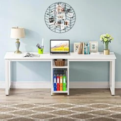 Halseey 78 in. Rectangular White Wood Computer Desk Two Person Writing Desk with Metal Frame and Storage Shelves by TRIBESIGNS WAY TO ORIGIN 11 Halseey 78 in. Rectangular White Wood Computer Desk Two Person Writing Desk with Metal Frame and Storage Shelves by TRIBESIGNS WAY TO ORIGIN -Deals Glitzhome Store white tribesigns way to origin computer desks hd zk10003 77 1000