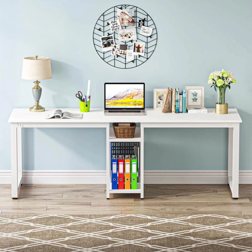 Halseey 78 in. Rectangular White Wood Computer Desk Two Person Writing Desk with Metal Frame and Storage Shelves by TRIBESIGNS WAY TO ORIGIN 5 Halseey 78 in. Rectangular White Wood Computer Desk Two Person Writing Desk with Metal Frame and Storage Shelves by TRIBESIGNS WAY TO ORIGIN - Image 3