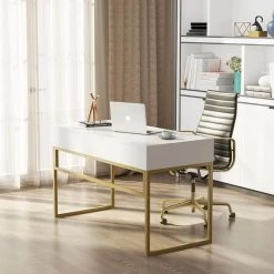 Ellie 47 in. Rectangular Golden Metal White Particle Board Wood 2 Drawer Laptop Desk Makeup Vanity Console Table by TRIBESIGNS WAY TO ORIGIN -Deals Glitzhome Store white tribesigns way to origin computer desks ho xj0025 31 1000