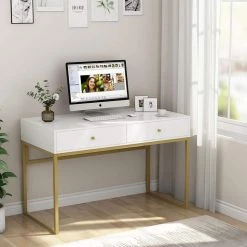 Ellie 47 in. Rectangular Golden Metal White Particle Board Wood 2 Drawer Laptop Desk Makeup Vanity Console Table by TRIBESIGNS WAY TO ORIGIN -Deals Glitzhome Store white tribesigns way to origin computer desks ho xj0025 c3 1000