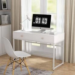 Ellie 47 in. Rectangular White Metal White Particle Board Wood 2 Drawer Laptop Desk Makeup Vanity Console Table by TRIBESIGNS WAY TO ORIGIN -Deals Glitzhome Store white tribesigns way to origin computer desks ho xj0034 c3 1000