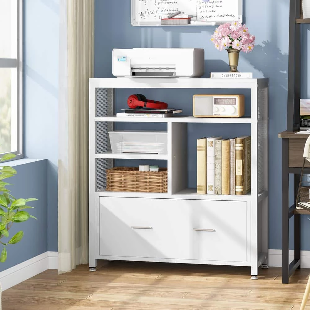 Delia White Metal Wire Open Storage Shelves with Drawer Letter Size Modern Filing Cabinet Printer Stand by TRIBESIGNS WAY TO ORIGIN 9 Delia White Metal Wire Open Storage Shelves with Drawer Letter Size Modern Filing Cabinet Printer Stand by TRIBESIGNS WAY TO ORIGIN - Image 7