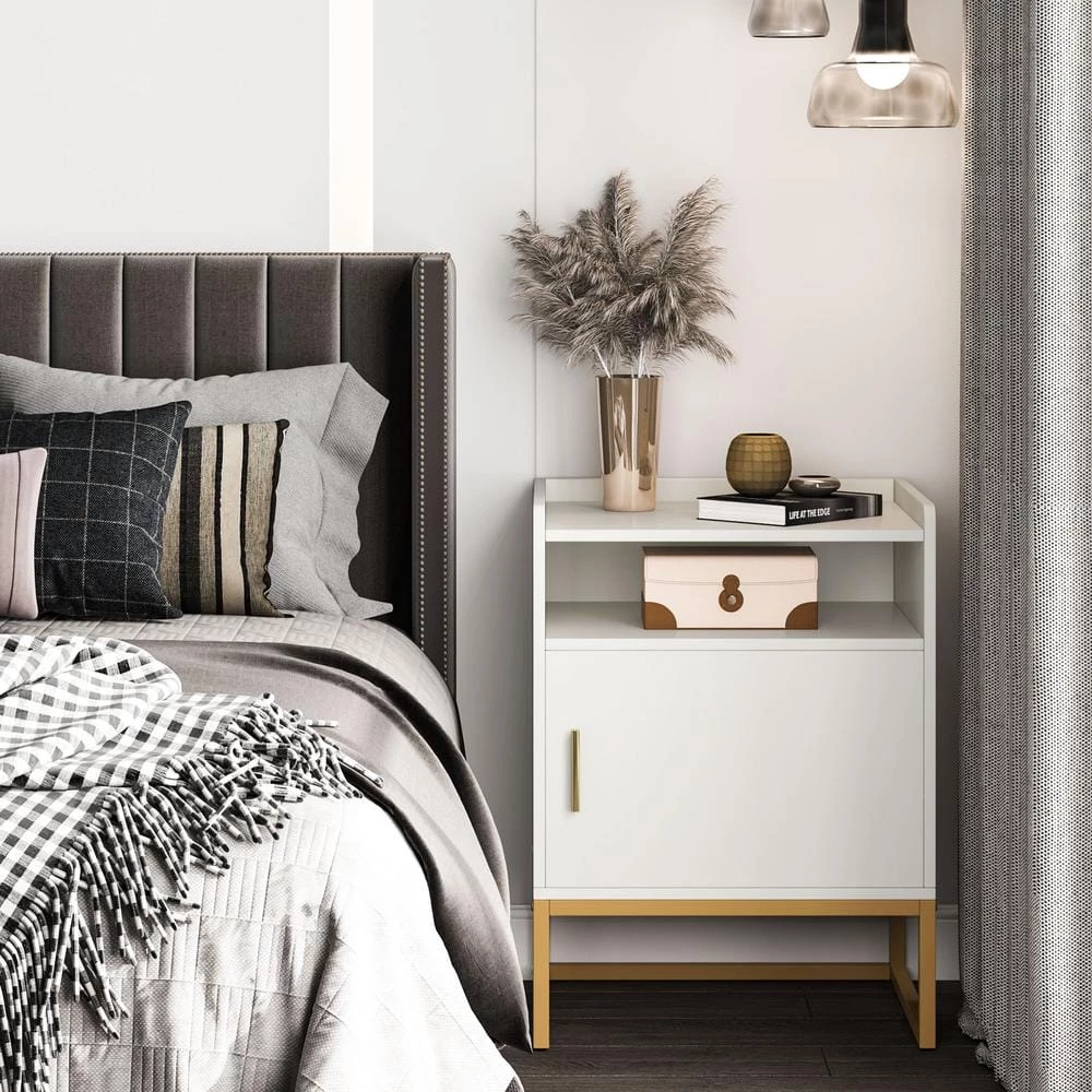 1-Drawer White and Gold Nightstand with Storage Shelf, 26.77" Tall Side Table Bedside Cabinets for Bedroom by TRIBESIGNS WAY TO ORIGIN 8 1-Drawer White and Gold Nightstand with Storage Shelf, 26.77" Tall Side Table Bedside Cabinets for Bedroom by TRIBESIGNS WAY TO ORIGIN - Image 6