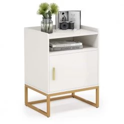 1-Drawer White and Gold Nightstand with Storage Shelf, 26.77" Tall Side Table Bedside Cabinets for Bedroom by TRIBESIGNS WAY TO ORIGIN