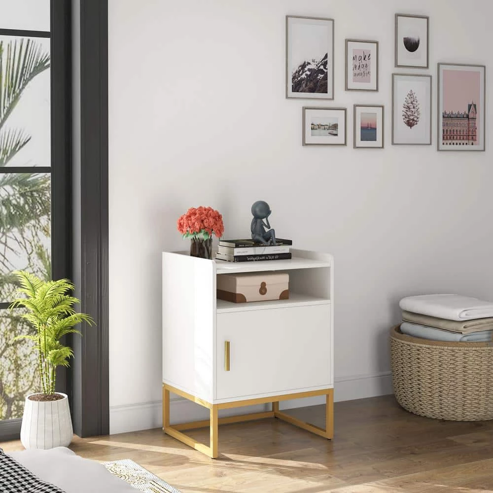 1-Drawer White and Gold Nightstand with Storage Shelf, 26.77" Tall Side Table Bedside Cabinets for Bedroom by TRIBESIGNS WAY TO ORIGIN 4 1-Drawer White and Gold Nightstand with Storage Shelf, 26.77" Tall Side Table Bedside Cabinets for Bedroom by TRIBESIGNS WAY TO ORIGIN - Image 2