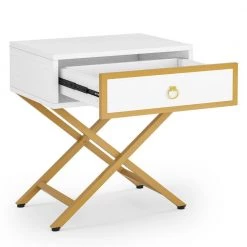 1-Drawer White and Gold Wood Nightstand with X-Shaped Steel Frame, 23.23 in. H X 19.69 in. W X 15.75 in. D by TRIBESIGNS WAY TO ORIGIN