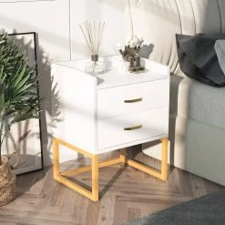 2-Drawer White and Gold Modern Wood Nightstand 25.98 in. H x 19.69 in. W x 15.75 in. D by TRIBESIGNS WAY TO ORIGIN -Deals Glitzhome Store white tribesigns way to origin nightstands g186 nf 31 1000