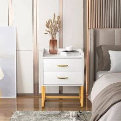 2-Drawer White and Gold Modern Wood Nightstand 25.98 in. H x 19.69 in. W x 15.75 in. D by TRIBESIGNS WAY TO ORIGIN -Deals Glitzhome Store white tribesigns way to origin nightstands g186 nf 76 1000