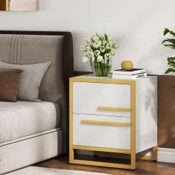 Mayville 2-Drawers White and Gold Frame Nightstand 24.01 in. H x 19.68 in. W x 16.14 in. D by TRIBESIGNS WAY TO ORIGIN -Deals Glitzhome Store white tribesigns way to origin nightstands hd sf00067b 31 1000