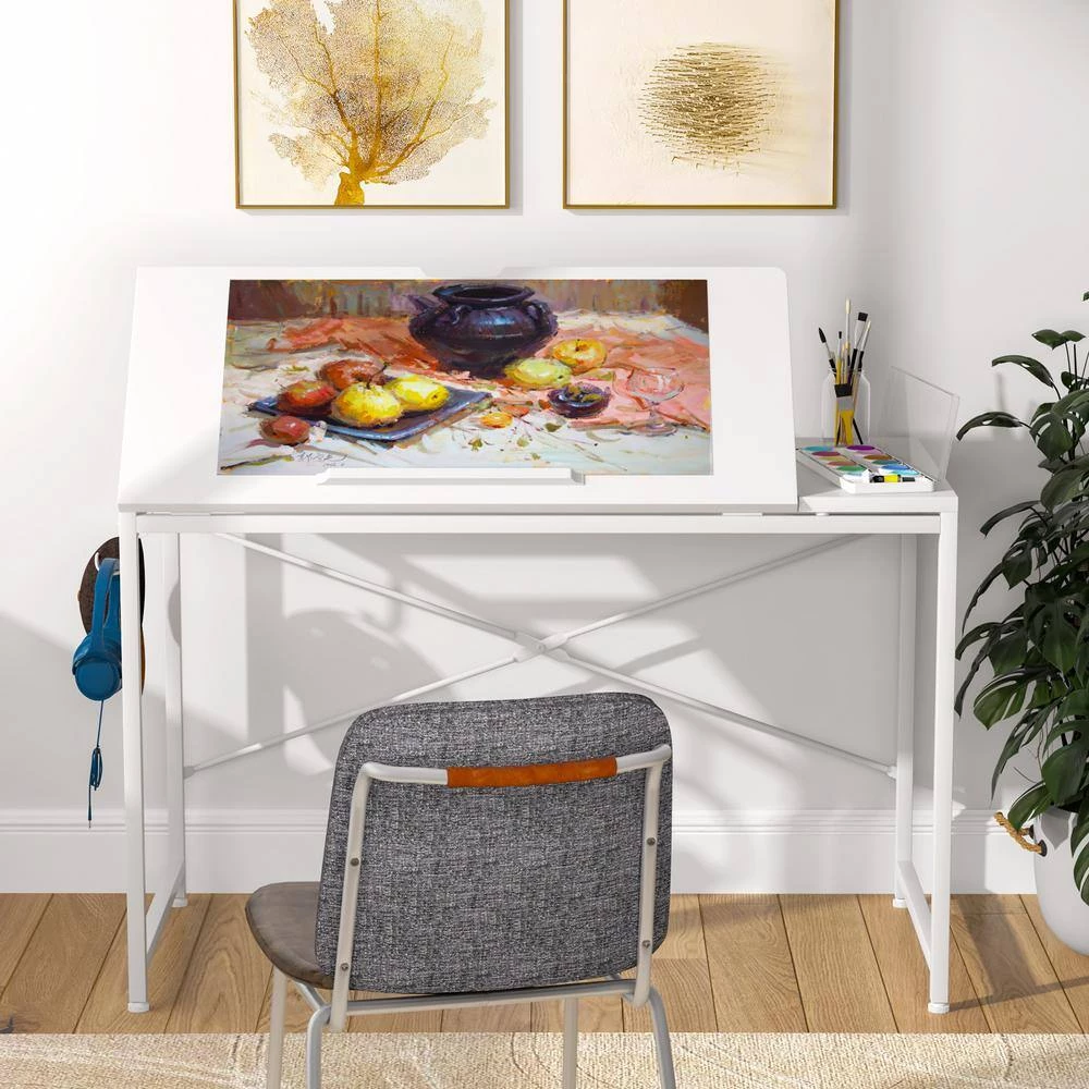 Halseey 39 in. White Drafting Table Writing Painting Studying Reading Desk Art Til-table Height Angle 2 Hooks by TRIBESIGNS WAY TO ORIGIN 12 Halseey 39 in. White Drafting Table Writing Painting Studying Reading Desk Art Til-table Height Angle 2 Hooks by TRIBESIGNS WAY TO ORIGIN - Image 10