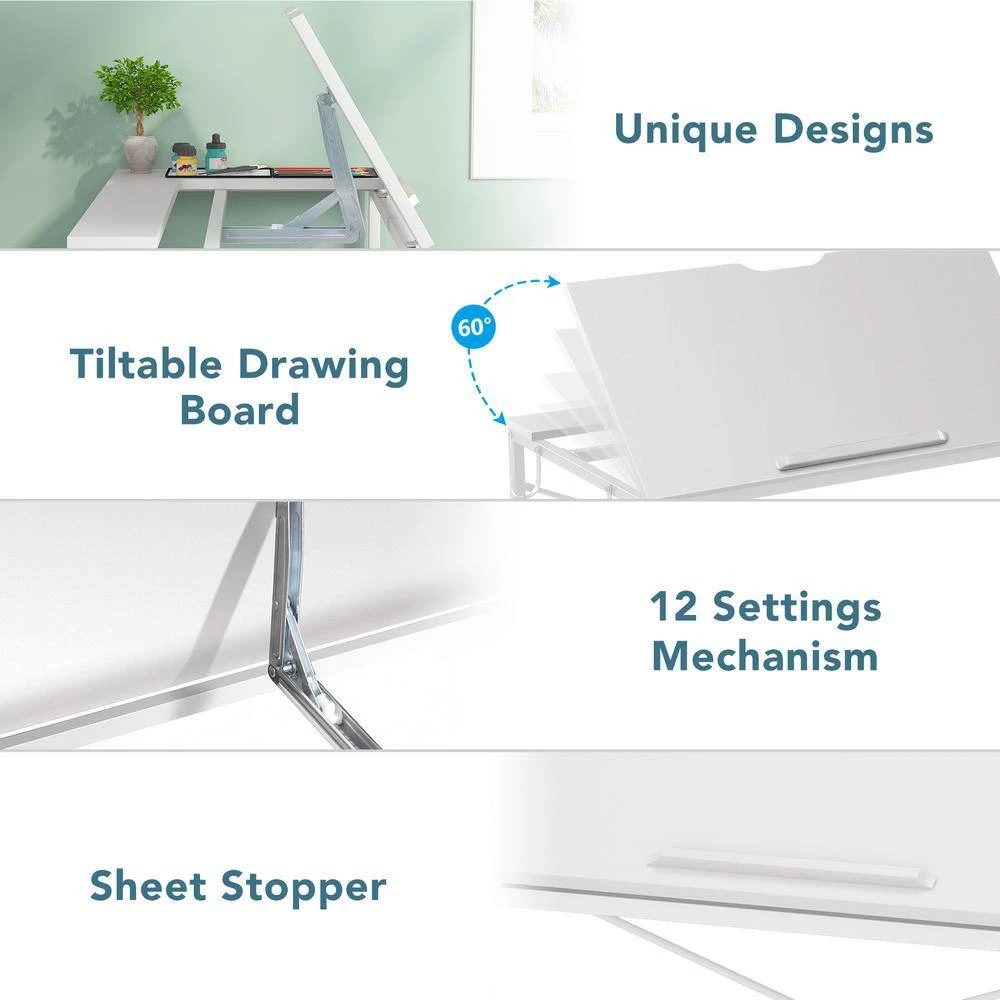 Halseey 39 in. White Drafting Table Writing Painting Studying Reading Desk Art Til-table Height Angle 2 Hooks by TRIBESIGNS WAY TO ORIGIN 5 Halseey 39 in. White Drafting Table Writing Painting Studying Reading Desk Art Til-table Height Angle 2 Hooks by TRIBESIGNS WAY TO ORIGIN - Image 3