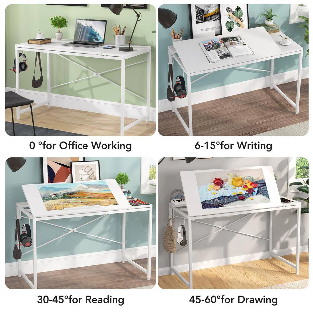 Halseey 39 in. White Drafting Table Writing Painting Studying Reading Desk Art Til-table Height Angle 2 Hooks by TRIBESIGNS WAY TO ORIGIN 9 Halseey 39 in. White Drafting Table Writing Painting Studying Reading Desk Art Til-table Height Angle 2 Hooks by TRIBESIGNS WAY TO ORIGIN - Image 7