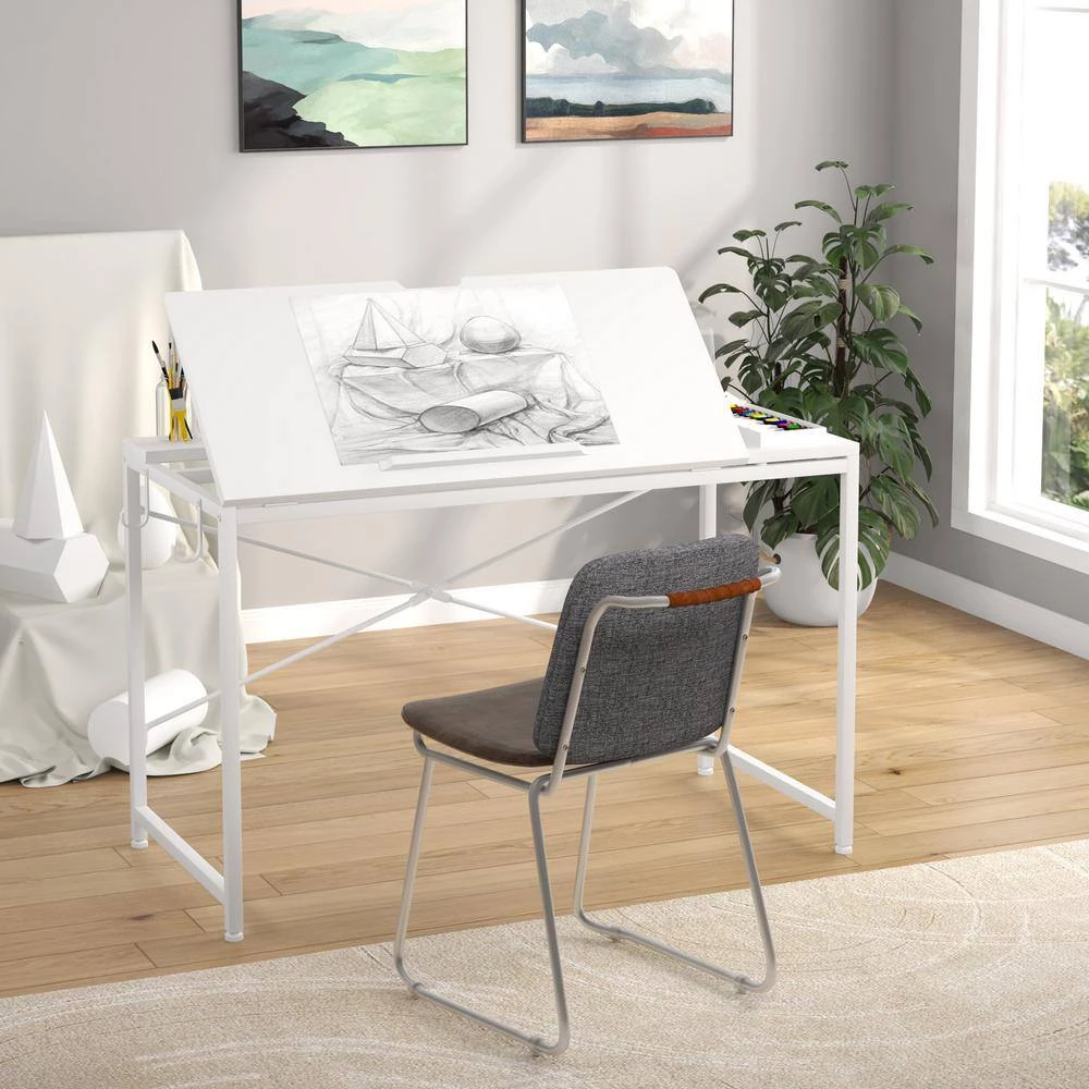Halseey 39 in. White Drafting Table Writing Painting Studying Reading Desk Art Til-table Height Angle 2 Hooks by TRIBESIGNS WAY TO ORIGIN 10 Halseey 39 in. White Drafting Table Writing Painting Studying Reading Desk Art Til-table Height Angle 2 Hooks by TRIBESIGNS WAY TO ORIGIN - Image 8