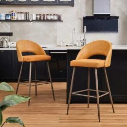 40.25 in. H Yellow Low Back Mixing Fabic/Leatherette Bar Stool with Brown Tapered Metal Legs (Set of 2) by Glitzhome -Deals Glitzhome Store yellow glitzhome bar stools 2000900057 1f 1000