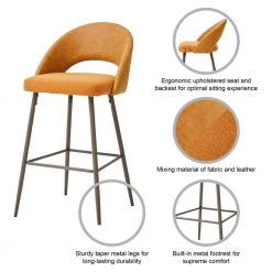 40.25 in. H Yellow Low Back Mixing Fabic/Leatherette Bar Stool with Brown Tapered Metal Legs (Set of 2) by Glitzhome -Deals Glitzhome Store yellow glitzhome bar stools 2000900057 4f 1000