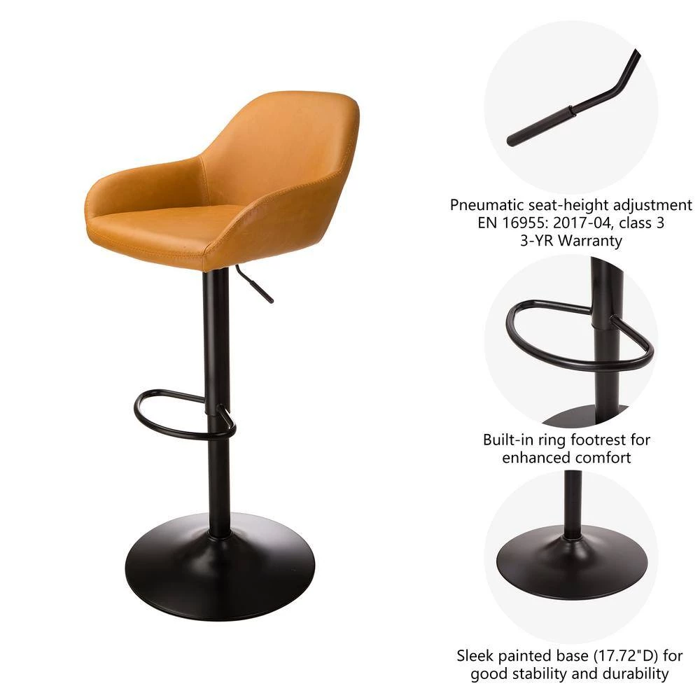 42.72 in. H Yellow Mid-Century Modern Leatherette Gaslift Metal Frame Adjustable Swivel Low Back Bar Stool (Set of 2) by Glitzhome 5 42.72 in. H Yellow Mid-Century Modern Leatherette Gaslift Metal Frame Adjustable Swivel Low Back Bar Stool (Set of 2) by Glitzhome - Image 3