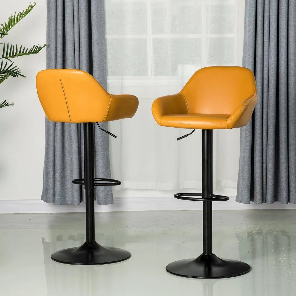 42.72 in. H Yellow Mid-Century Modern Leatherette Gaslift Metal Frame Adjustable Swivel Low Back Bar Stool (Set of 2) by Glitzhome 4 42.72 in. H Yellow Mid-Century Modern Leatherette Gaslift Metal Frame Adjustable Swivel Low Back Bar Stool (Set of 2) by Glitzhome - Image 2